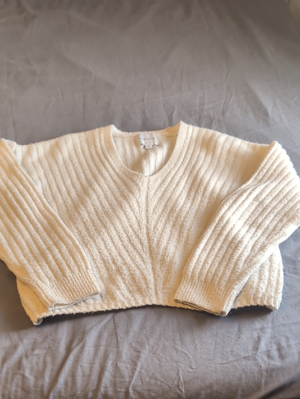 Pink Rose Cream Ribbed Cropped Crewneck Sweater